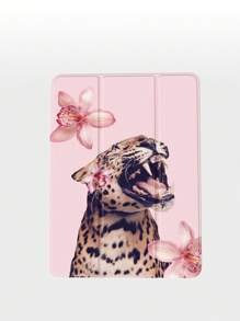 Fierce Animals Leopard And Floral Print Pattern Tablet Protective Case, Compatible With IPad 10.2 Inch, IPad Pro 11 2021/2020/10th Gen, Mini 4/5/6, Galaxy Tab A8 10.5 Inch 2022, Matepad 10.4/Tab, With Pencil Slot, Anti-Fall, Tablet Stand Case, Supporting Auto Sleep/Wake