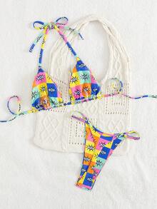 2 bộ đồ bơi bikini gợi cảm in họa tiết kẻ caro tối giản mùa hè có dây buộc sau lưng có thể điều chỉnh eo cho nữ - Màu xanh lam - Xem 3