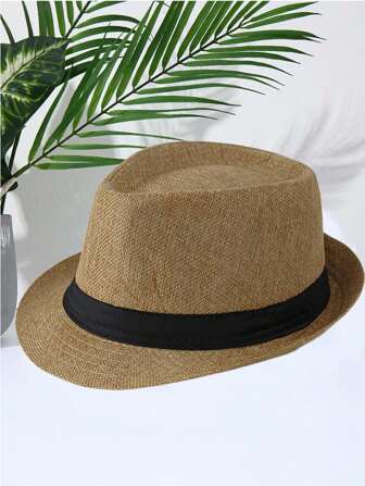 1pc Men's Panama Sun Hat With Black Strap, Straw Hat, Cowboy Hat, Beach Hat