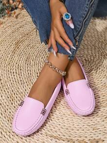Nouvelles chaussures plates en tricot rose pour femmes, sandales plates élégantes grande taille pour l'été, chaussures de marche respirantes et confortables de toute saison en couleur unie, mocassins à bout rond polyvalents et décontractés de haute qualité et légers pour l'extérieur/le travail, chaussures de travail avec décoration métallique, chaussures Glissant pour femmes, chaussures de campus à large coupe, chaussures grande largeur pour femmes, chaussures habillées pour femmes, tenues décontractées chics, chaussures pour mères - Rose bonbon - Voir 3