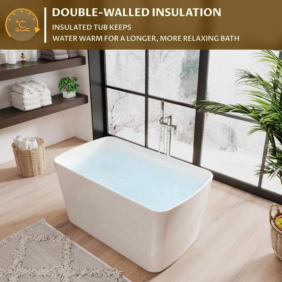 49" Acrylic Freestanding Bathtub For Shower,Square Shape Soaking Tub With Seat,Stand Alone Tub Overflow Cover & Drain Kit, Space-Saving Design,Easy-Install Drainage Pipe CUPC Certified - White - View 1