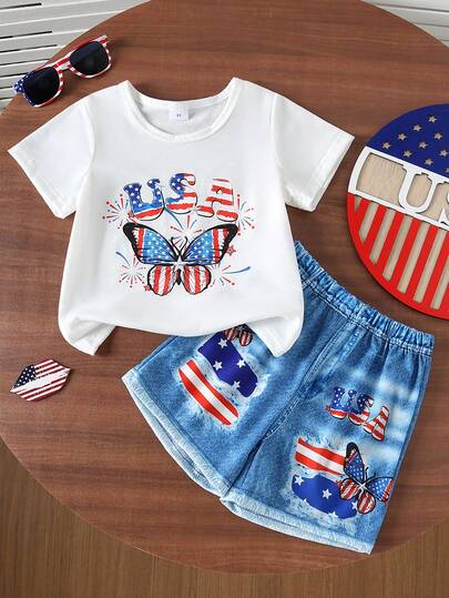 Conjunto de 2 piezas para niñas bebé de Día de la Independencia: Blusa de manga corta con cuello redondo estampado de mariposa y letra, y pantalones cortos de efecto vaquero con estampado de rayas y estrellas para el verano