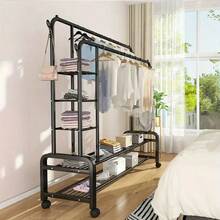 Heavy Duty Clothes Rail, Sturdy Black Metal Rack With Double Hanging Clothing Shoe Rack, Storage Shelves & 4 Coat Hooks, Freestanding Rails For Bedroom, Office, Shop - Hitam - View 5
