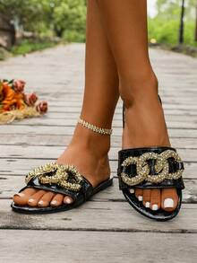 Damen Flache Sandalen mit offenem Zehenbereich, goldene Kette, stilvoller Slide-Sandalen, Sommer Strand Sandalen - Schwarz - Übersicht 8