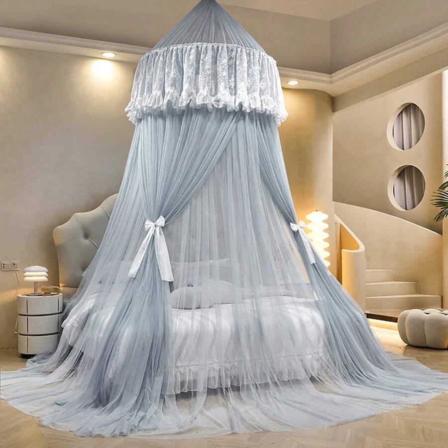 Bed Canopy For Girls & Adults, Round Dome Lace Princess Canopies Netting, Cute Double Layer Bed Canopy Drapes For Decoration, Playing,Reading,Sleepping - 灰色 - 查看 1