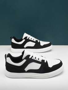 WANWEISI Men's Anti-Slip Lychee Embossed Letter Graphic Patchwork Lace-Up Sports Shoes, Outdoor Sports Skateboard Shoes - Men's Tennis - Black and White - View 3