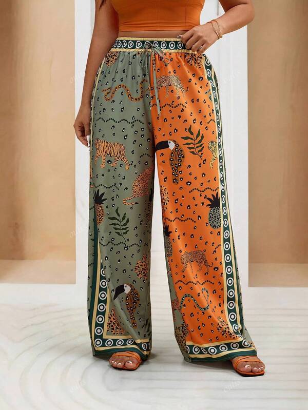 Plus Size Dames Vakantie Animal Leopard Print Colorblock Wijde Broek