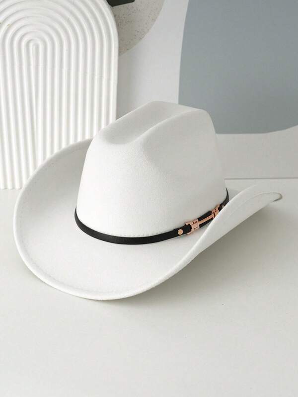 1 pieza Sombrero de cowboy/cowgirl de fieltro de lana de unicolor unisex, hebilla de cinturón única, sombrero fedora versátil y de moda, adecuado para actividades temáticas, fiestas, disfraces, ceremonias de graduación, mascaradas, festivales, uso diario, todas las estaciones