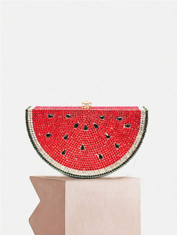 Novo Design de Frutas! Bolsa Clutch de Melancia, Clutches de Cristal, Bolsas de Mão para Mulheres para Eventos Noturnos, Bolsa de Casamento de Noiva com Diamantes para Festa de Casamento e Baile de Formatura, Bolsas Clutch de Strass de Metal Completo para Senhoras, Melhores Presentes com Caixa