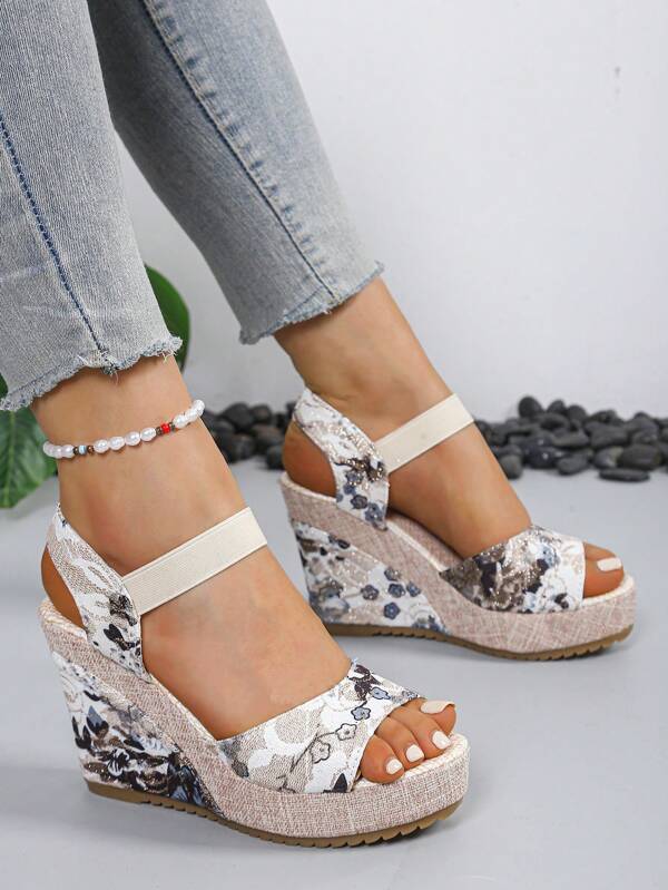 Women's European Style Chunky Platform Sandals, 2024 New Spring Summer Outdoor Versatile Strap Slide Sandals, Model Stage Sexy Floral Print Beach Casual Comfortable Open Toe Wedge Shoes, Green Floral Platform Shoes For Short Women