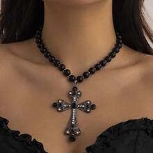 Fashionable Double Layer Bead Cross Pendant Necklace - Hip-Hop Style, Suitable For Halloween Parties And Casual Outfits, Great Gift For Her. Also Available In Single Layer. - Black - View 8