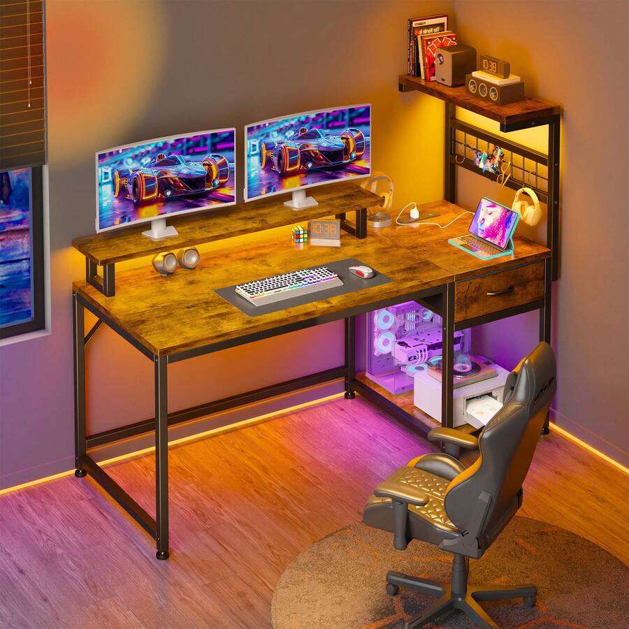 EnHomee 48" Computer Desk With Drawer And Shelves, Gaming Desk With LED Lights And Monitor Stand, Home Office Desk With Power Outlets For The Living Room - Xem 1
