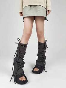 1双Y2K日系辣妹风腿套，灰色修身抽绳款，蝴蝶结喇叭筒状设计，百搭女士圣诞礼物 - 常規款 - 查看 3