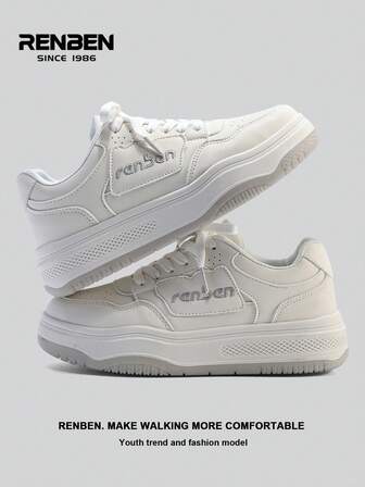  1 Pair Renben Women's Comfortable Thick Sole Shoes, Front Lace-Up White Fabric, Grey Soles, Fashionable & Versatile, Lightweight, Increase Height, Low-Top Outdoor Sports Casual Sneakers, Suitable For Skirts, Pants, Commuting, 2025 Popular Women's Shoes