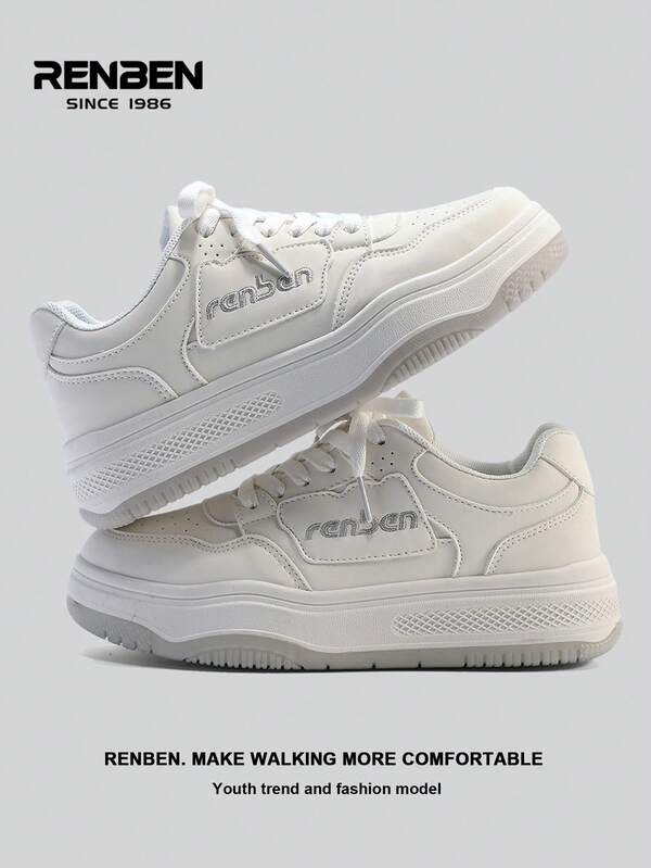 RENBEN 1 par de zapatos cómodos con suela gruesa para mujer de Renben, con cordones frontales de tela blanca, suelas grises, de moda y versátiles, ligeros, que aumentan la altura, zapatillas deportivas casuales de caña baja para exteriores, adecuados para faldas, pantalones, ir y venir, zapatos populares para mujeres en 2025