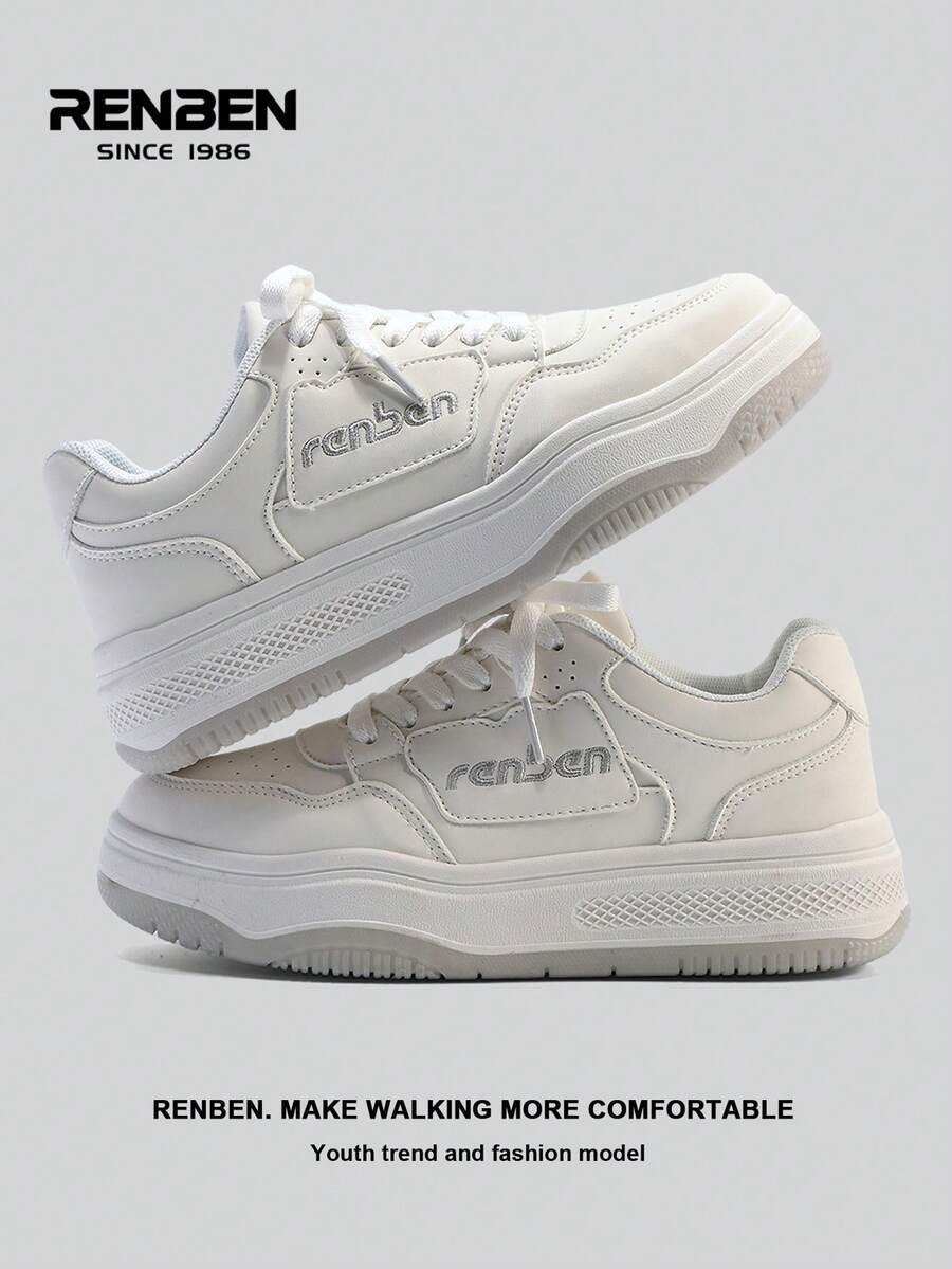 1 par de zapatos cómodos con suela gruesa para mujer de Renben, con cordones frontales de tela blanca, suelas grises, de moda y versátiles, ligeros, que aumentan la altura, zapatillas deportivas casuales de caña baja para exteriores, adecuados para faldas, pantalones, ir y venir, zapatos populares para mujeres en 2025