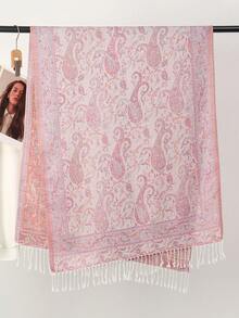 1件波西米亚风女士流苏提花围巾，佩斯利花纹披肩，羊绒石纹头巾，粉色调，多种优雅图案可选，适合作为礼物，适合秋冬季日常外出搭配连衣裙 - 粉色 - 查看 3
