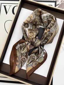 1 件女式 70 厘米印花仿丝围巾，专业外观波西米亚风格小方巾，适合音乐节、休闲外出、商务会议、时尚街头 - 卡其色 - 查看 2