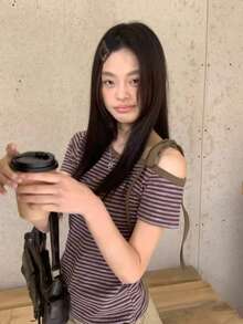 女式夏季撞色条纹不对称肩短袖T恤 - 紫色 - 查看 1
