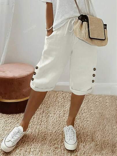 Women's Loose Fit Button Pocket Casual Knee Length Shorts