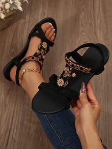 女士碎花平底凉鞋，波西米亚风露趾松紧带夏季凉鞋，休闲沙滩凉鞋 - 黑色[絨布] - 查看 10