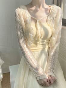 1pc Summer Lace Thin Short Cover Up, Tie Waist Hollow Out Beach Cover Up Vest To Pair With Dresses