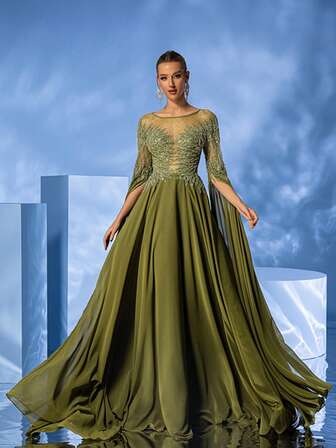 DELLA COUTURE Grön rundhalsad aftonklänning, flytande elegans med pärlutsklädda dekorationer för fester, baler, bröllop och andra formella tillfällen, lång cocktailklänning med kjol