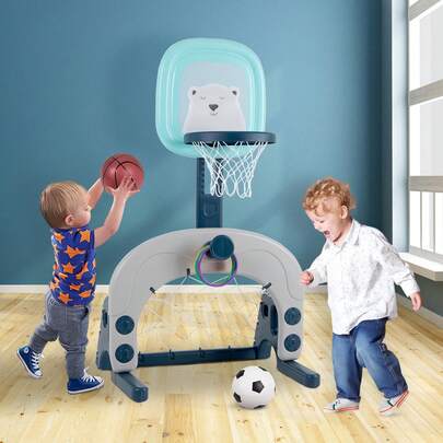 Basketball Hoop Set, 3-In-1 Kids Basketball Stand Sports Activity Center Ball Games Adjustable Easy Score Basketball Hoop, Football / Soccer Goal / Ring Toss, Best Gift For Toddlers Kids, Indoor Outdoor For Boys Girls