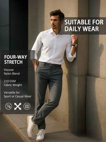 Men's Rayon-Blend Stretch Pants - 4-Way Elastic Casual Trousers With Mid-Rise Waist (Spring Breathable Wear) - Grey - View 7