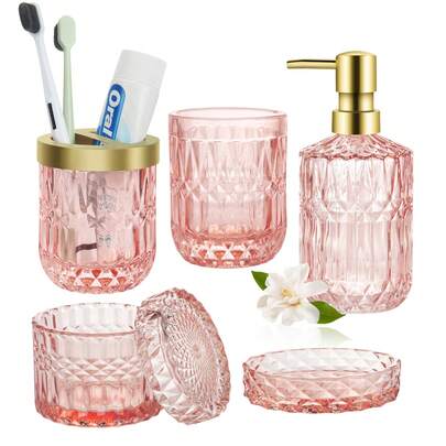 5-Piece Pink Glass Bathroom Accessory Set, Soap Dispenser, Soap Dish, Tumbler, Toothbrush Holder, Cotton Swab Jarbathroom Decor Summer Back To School
