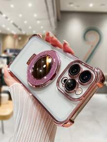 奢华电镀透明手机壳，带化妆镜支架和磁性指环支架，防震防刮，柔软硅胶材质，兼容 16/16E/16 Pro/16 Pro Max/16 Plus/15/14/13/12/11/X/XS/XR/8/7、Galaxy S25/S24/S23/S22/S21/A55/A54/A53/A52/A35/A34/A23/A16/A15/A14/A13/A12/A05S/FE/Ultra/4G/5G、Redmi、Honor、MOTO、OPPO、Infinix 等。 - 粉色 - 查看 4