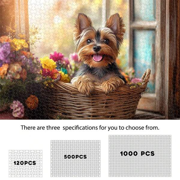 Cute Yorkshire Terrier In Floral Basket By Window, Romance Of Spring, 120/500/1000 Piece Wooden Jigsaw Puzzle - Heartwarming Holiday Atmosphere, Challenging Wooden Puzzles With Endless Fun, Best Choice For Wooden Puzzle Lovers, Suitable For Holiday Decor