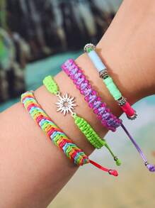 4 szt./5 szt. Bohemian Zinc Alloy Resin Shell & Faux Pearl CCB Ocean Elements Palm Tree, Wave, Turtle, Sunflower, Lucky Clover Tassel Handmade Woven Bracelet Set, Odpowiedni dla kobiet, do codziennego noszenia, letni prezent na wakacje na plaży