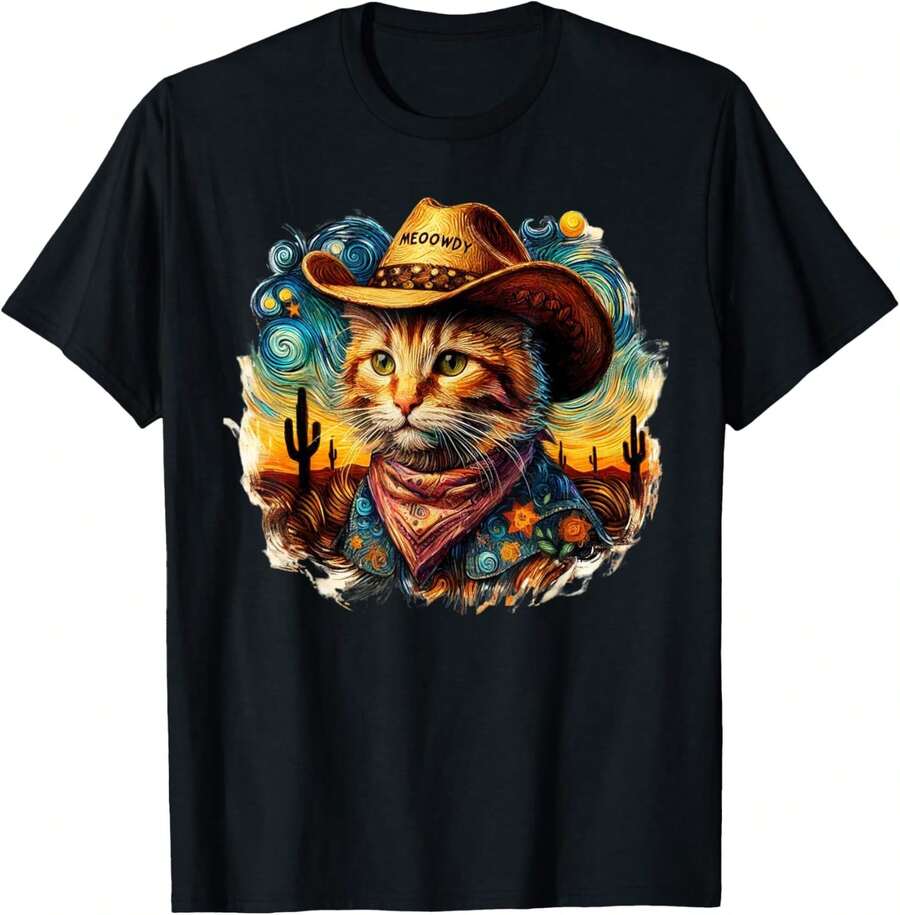 1 Pack Men's T-Shirt Sombrero de gato campestre divertido Meowdy, gato vaquero vintage premium Camiseta de hombre - Negro - Ver 1