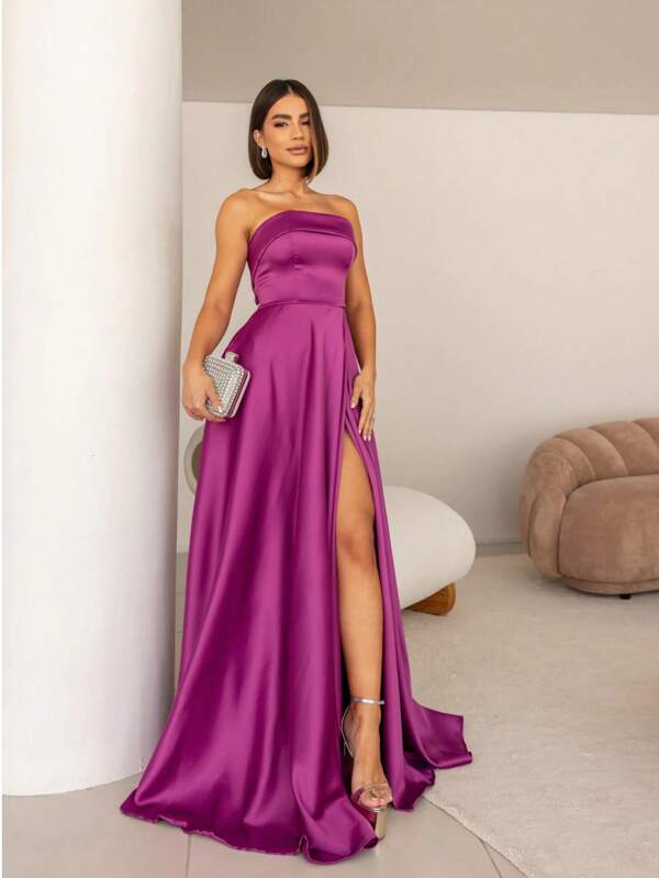 Vestido longo festa com fenda tomara que caia bolso rodado madrinha de casamento evento elegante baile de formatura casamento civil