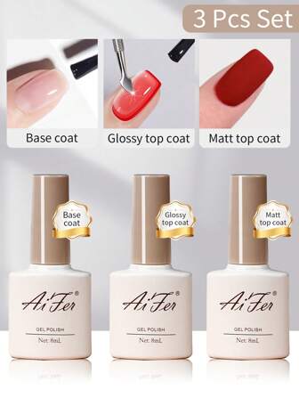 AiFer 3pcs 8ml Gel No Wipe Top Coat & Base Coat Set , Shine Finish And Long Lasting ,For Home Salon Nail Art DIY