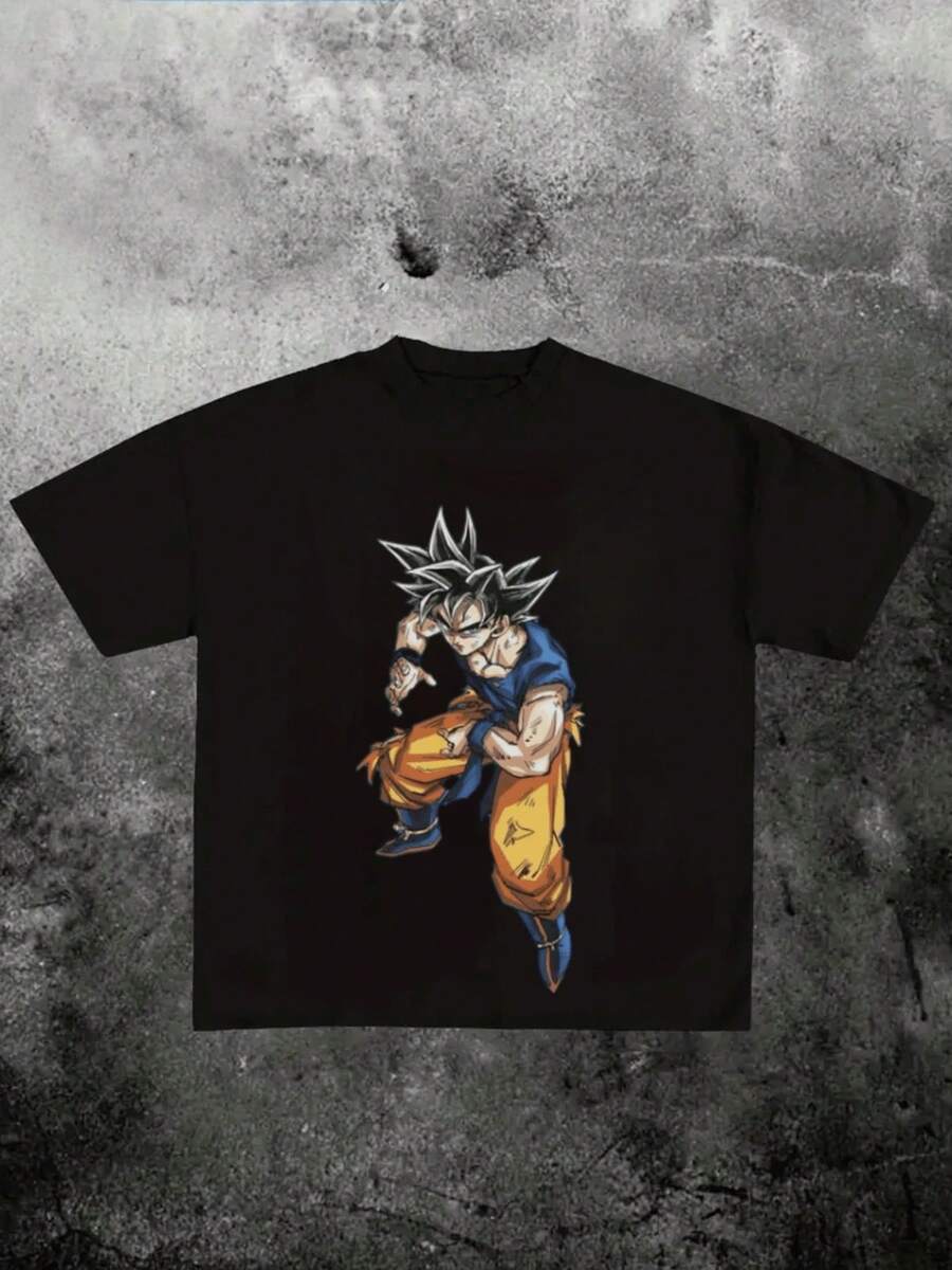 Men's Casual Round Neck Short Sleeve Undershirt Tops 100% Cotton 220g Heavyweight 1Pcs Anime Character Goku Ultra Instinct Agile Stance Digital Print T-Shirt - 黑色 - 查看 1