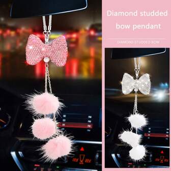 1pc Rhinestone Studded Butterfly Rearview Mirror Accessory, Plush Car Hanging Charm, 2 Randomly Sent Plush Ball And Clasp, 3 Color Options
