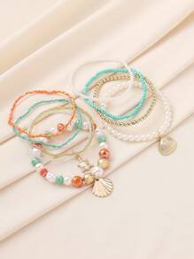 Conjunto de 8 pulseiras coloridas estilo boêmio com contas, pérolas artificiais, vieiras e tartarugas - adequado para mulheres, uso casual diário, praia, uso para festas, presente adorável