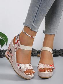 2024 New European Women Platform Wedge Sandals, Outdoor Versatile One-Strap Slides, Sexy Floral Print Beach Casual Slippers, Comfortable Open Toe Shoes, Green Floral Elevated Petite Shoes
