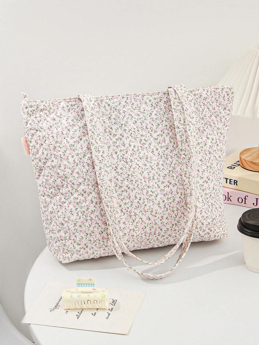 1pc Set Of Rose Red Flower Bow Tote Bag, Cute Flower Pattern, Fashionable And Casual Large Capacity Handbag, Bow Handbag, Exquisite Women's Handbag; Tablet Storage Bag; Sanitary Napkins, Bag Pads, Wired Headphones, Earplugs, Headphones, Chargers, Lipstick, Cosmetics, Laptops, Home Decor, Suitable For Mothers, Students, Female Students, Office Workers, Commuters, Keys, Holiday Gifts - 粉色 - 查看 1