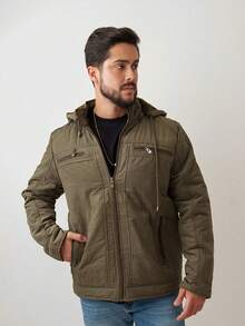 Men's Parka Jacket Coat Premium Twill Material Plush Overcoat Removable Hood Winter Clothing For Men - 綠色 - 查看 2