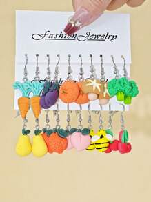 10pcs/30pcs Cross-Border New Dopamine Imitation Vegetable Series Resin Earring Set, Funny & Cute Pumpkin Ginger Eggplant Pea Peanut Earrings Pendants, Women Jewelry