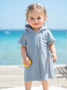 Girls Swimwear Cover Up - Zip Front Hooded Beach Robe 1-6 Years  Short Sleeve Poolside Wrap  Quick-Dry UV Protection - Blue - View 4