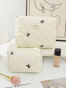 1Pc Bow Embroidered Cosmetic Bag Fashionable Large Capacity Quilted Makeup Bag Sets Travel Cosmetic Bag With Handle Lightweight Fluffy Filling Toiletries Bag For Travel Storage,Daily Use