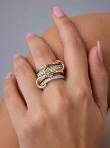 Elegant Gold Stackable Rings For Women, 18k Gold Plated Cubic Zirconia Rings, Silver Gold Multi Ring Mixed Metals Stack Rings Set