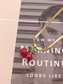 1pc Stainless Steel Cherry Design Zirconia Inlay Necklace, Elegant Minimalist Versatile Women Jewelry Gift