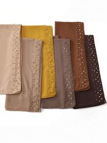 1 Peça Xale Longo de Chifom Elegante com Detalhes de Outono, Lenço Respirável Tradicional, Xale com Pedras de Pérola para Mulheres Muçulmanas