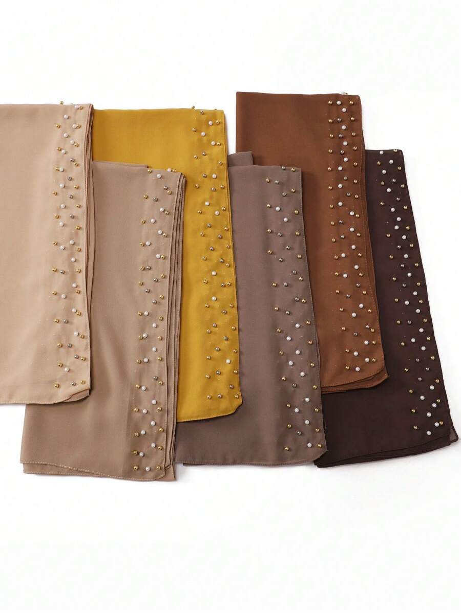 1 Peça Xale Longo de Chifom Elegante com Detalhes de Outono, Lenço Respirável Tradicional, Xale com Pedras de Pérola para Mulheres Muçulmanas