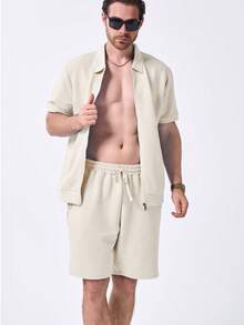 Men's Jacquard Diamond Pattern Knit Fabric Zip Closure Short Sleeve Shirt + Sports Shorts Set - Khaki - View 3